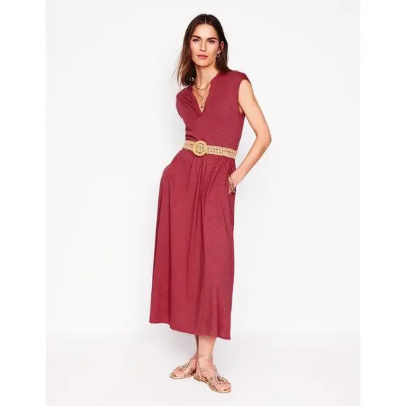 Boden Chloe Jersey Notched V-Neck Sleeveless Midi Dress Terracotta Red Size 2P - Picture 1 of 9